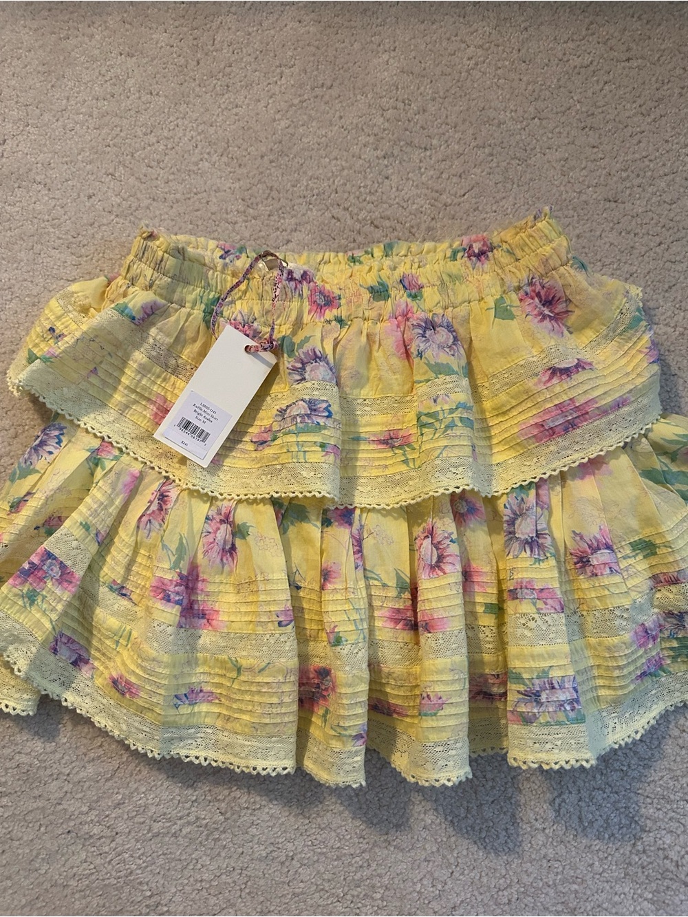 LoveShackFancy Yellow Tiered Floral Mini Skirt